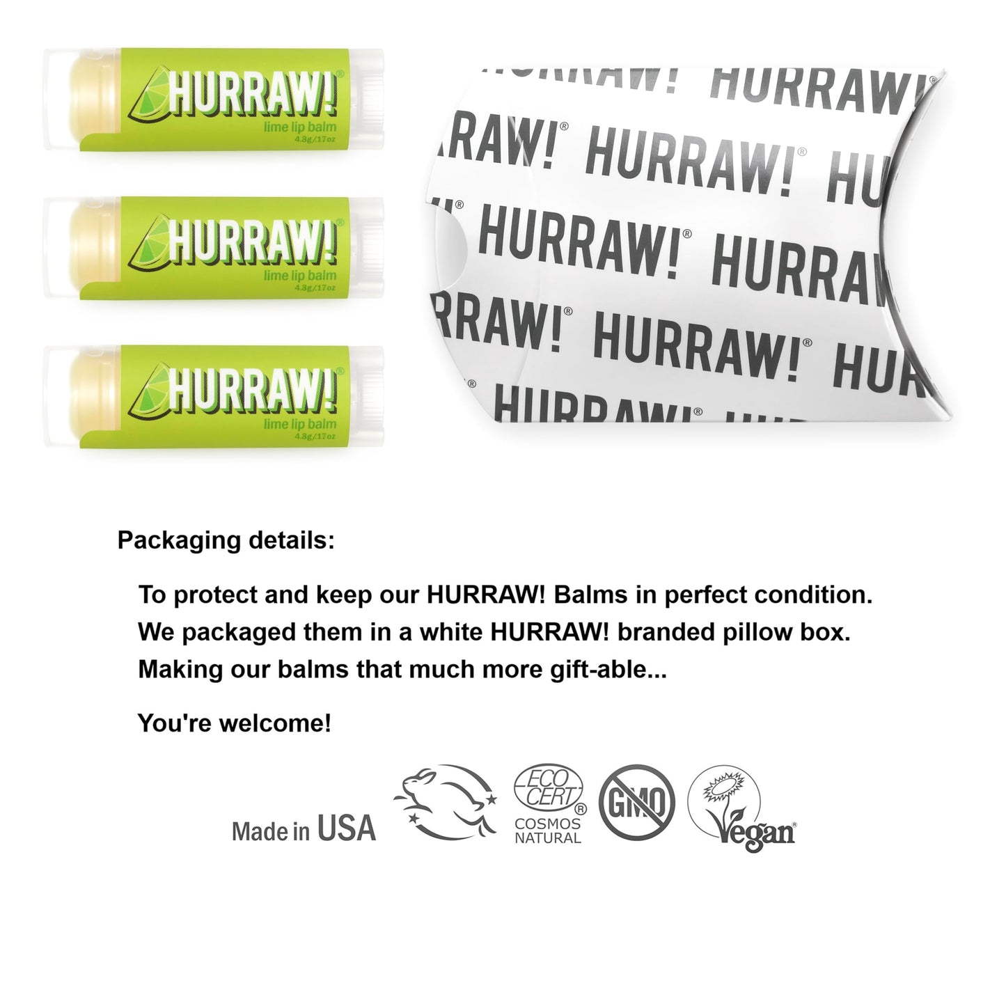 Hurraw! Lime Lip Balm, 3 Pack: Organic, Certified Vegan, Cruelty and Gluten Free. Non-GMO, 100% Natural Ingredients. Bee, Shea, Soy and Palm Free.