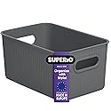 Superio Ribbed Collection - Decorative Plastic Open Home Storage Bins Organizer Baskets, Medium Grey (1 Pack) Container Boxes for Organizing Closet…