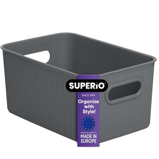 Superio Ribbed Collection - Decorative Plastic Open Home Storage Bins Organizer Baskets, Medium Grey (1 Pack) Container Boxes for Organizing Closet…
