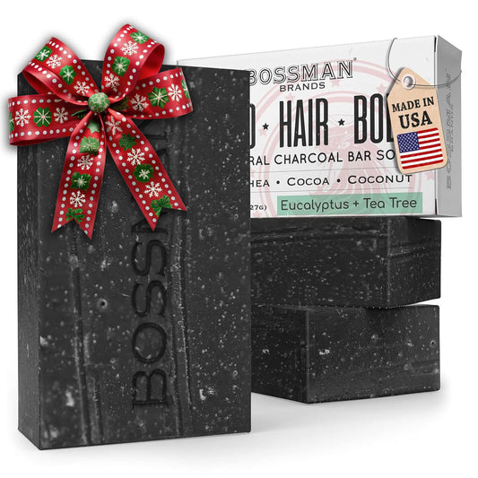 Bossman 3-Pack 4-in-1 Charcoal Soap Bar (4 oz) - Bar Soap for Men - All-Natural Beard Wash, Shampoo, Body Wash & Shaving Solution - Eucalyptus & Tea