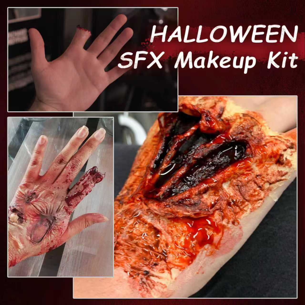 SFX Makeup Kit Scars Wax, Fake Blood Spray, Professional Scar Wax&Blood Effects Set with Coagulated Blood Gel&Spray, Metal Spatula, Sealer & Black