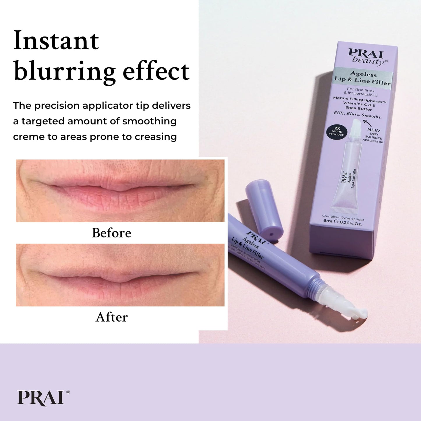 PRAI Beauty Ageless Lip and Line Filler | Serum that Plumps, Smooths, & Fills In Lines | Moisturizing with Vitamins C & E to Boost Collagen (0.26oz)