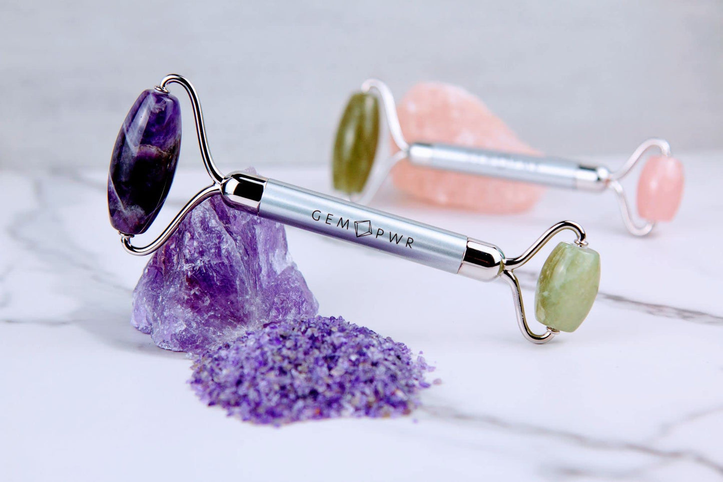 GEM PWR Amethyst + Jade Roller for Face and Neck Massage, Dual Gemstones with Durable Steel Handle and Travel Bag. Minimize Wrinkles, Reduce Puffiness