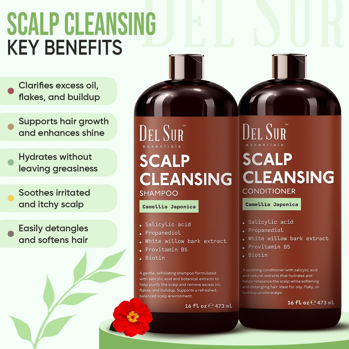 DEL SUR Scalp Cleansing Shampoo and Conditioner Set | 16 fl oz Each | with Camellia Japonica, Salicylic Acid & Willow Bark | Clarifying Oil Control