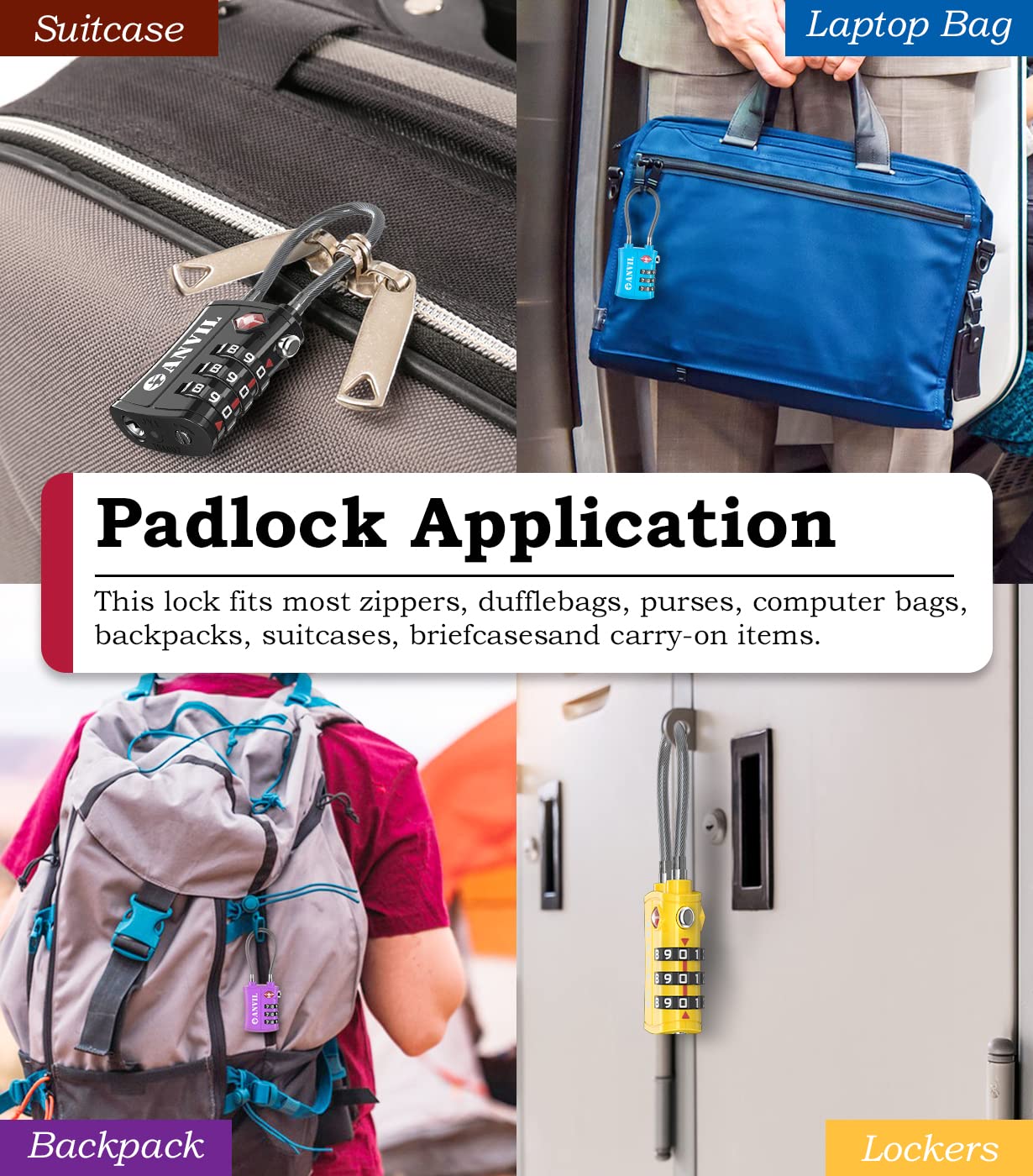 ANVIL TSA Approved Cable Luggage Locks – 3-Digit Combination Travel Padlocks with Zinc Alloy Body for Suitcases, Backpacks & Gun Cases (4 Colors)