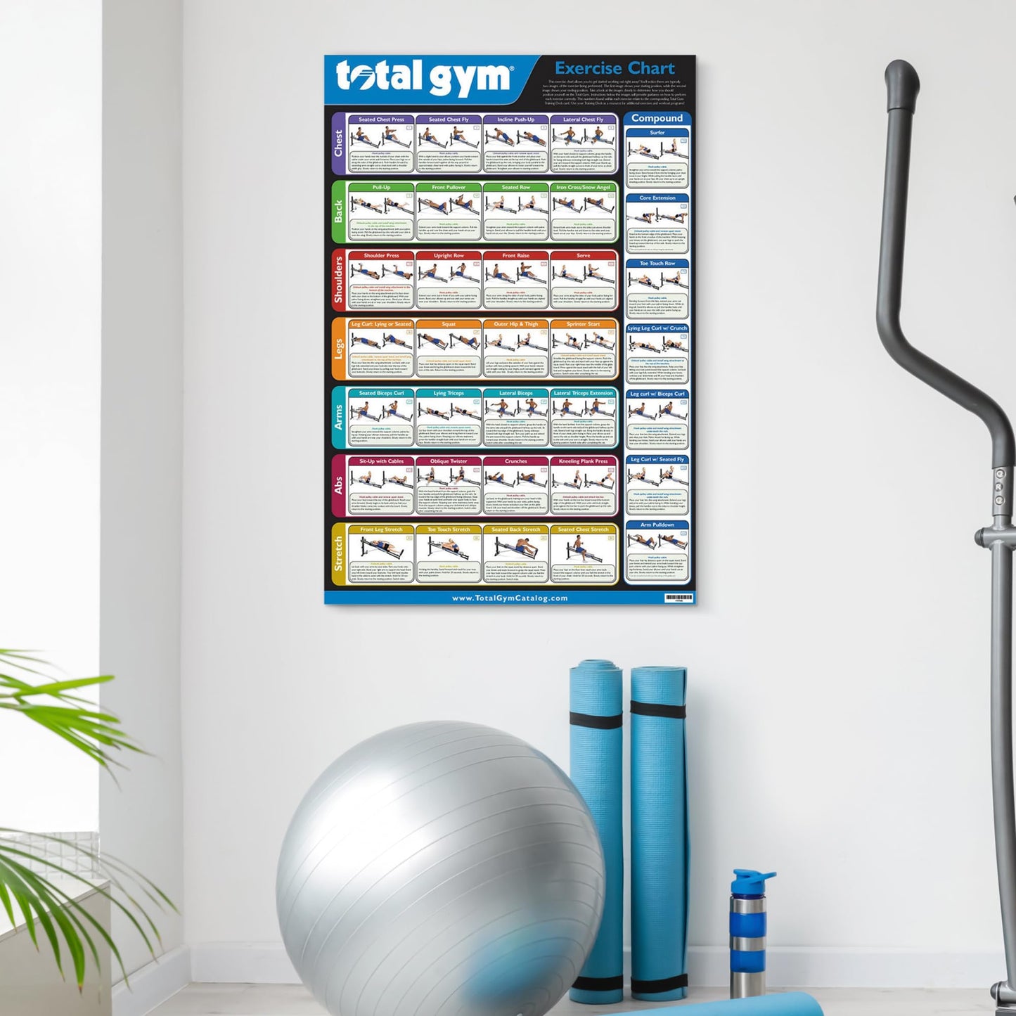 Total Gym 24" x 36" Exercise Chart Poster with 35 Workouts in Multiple Categories, Quick Guidance and Reference Wall Sign and Decor, Black, 1-Pack