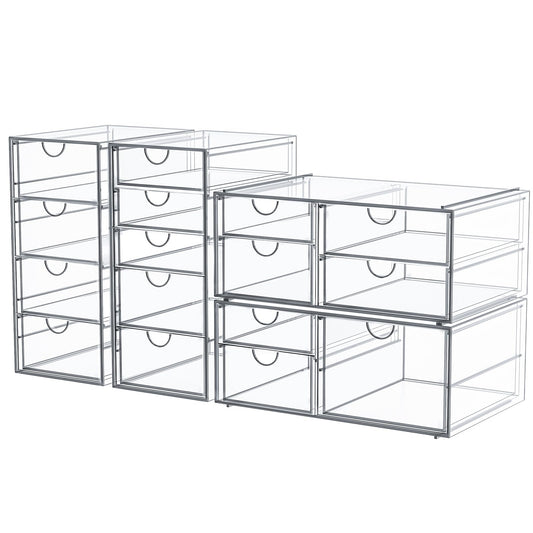 Caktraie Makeup Organizer with 16 Drawers – 4-Piece Clear Desk Storage for Makeup, Jewelry, Pens & Stationery – Dustproof & Durable