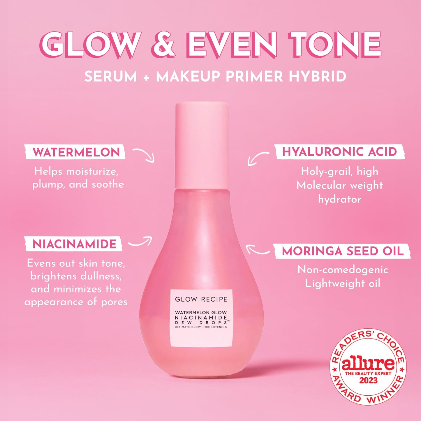 Glow Recipe Watermelon Niacinamide Dew Drops - Brightening, Plumping Hydrating Face Serum, Makeup Primer + Liquid Highlighter with Hyaluronic Acid