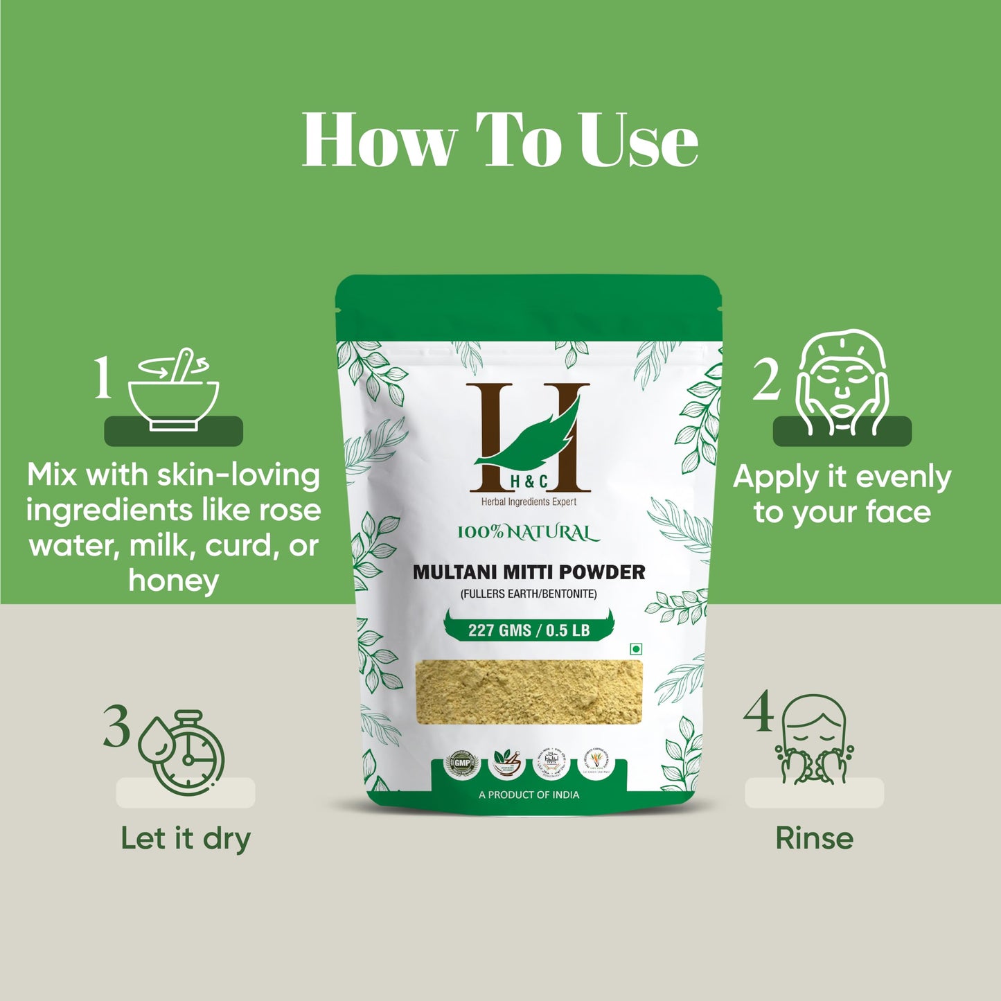 H&C Herbal Ingredients Expert 100% Pure Fuller's Earth Clay (Multani Mitti) - 1/2 lb / 227 gm | Exfoliates & Cleanse the Skin | Helps Removing Dead