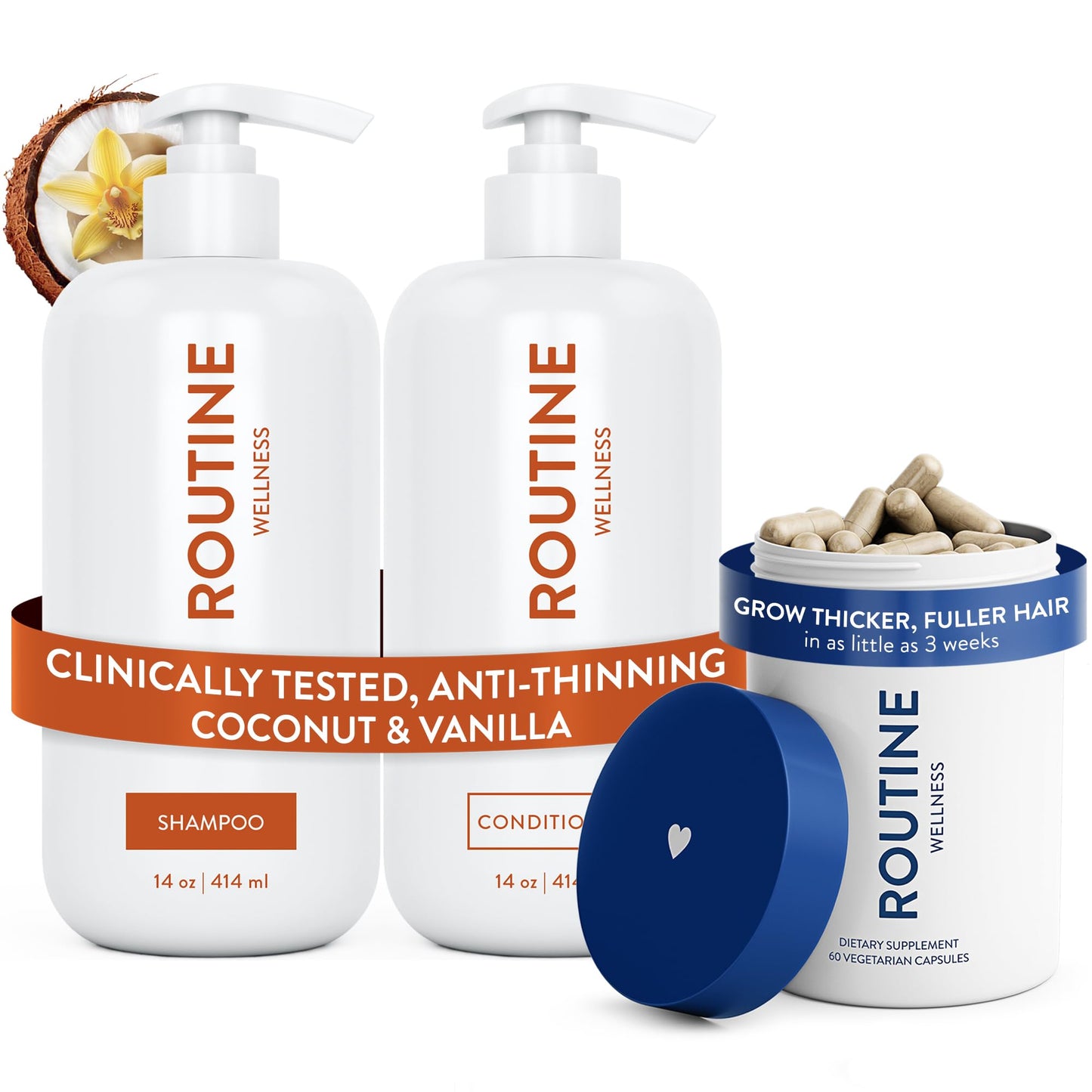 Routine Wellness Hair Thinning System, Anti-Thinning Shampoo & Conditioner Set Coconut & Vanilla + Hair Growth Supplement, Clinically Tested