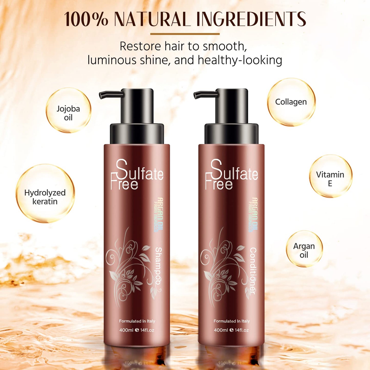 Natural Organic Sulfate Free Moroccan Argan Oil Shampoo and Conditioner Set - Color Safe Treatment, UV Protection, Intense Moisturizing For Dry