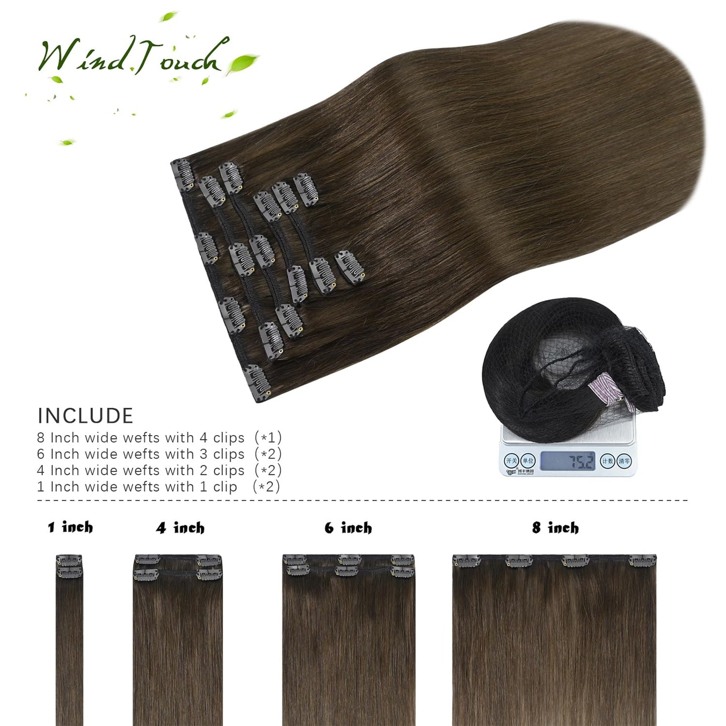 WindTouch Clip In Hair Extensions Real Human Hair Medium Brown Hair Extensions 18Inch 75g 7PCS #4 Chocolate Brown Extensions for women