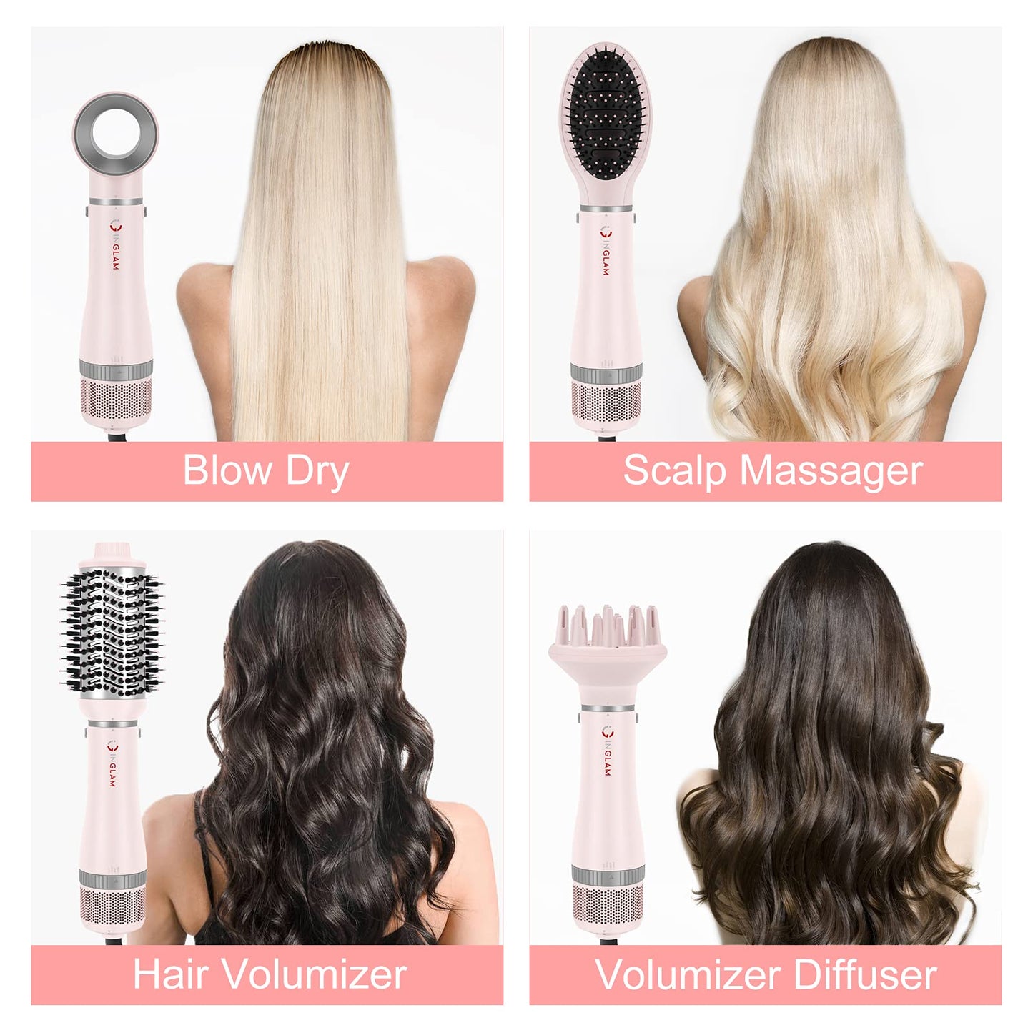 IG INGLAM 4 in 1 Blowout Hair Dryer Brush Set - Negative Ion Detachable Hair Dryer, Volumizer Styler with 2 Brush Heads, Pink