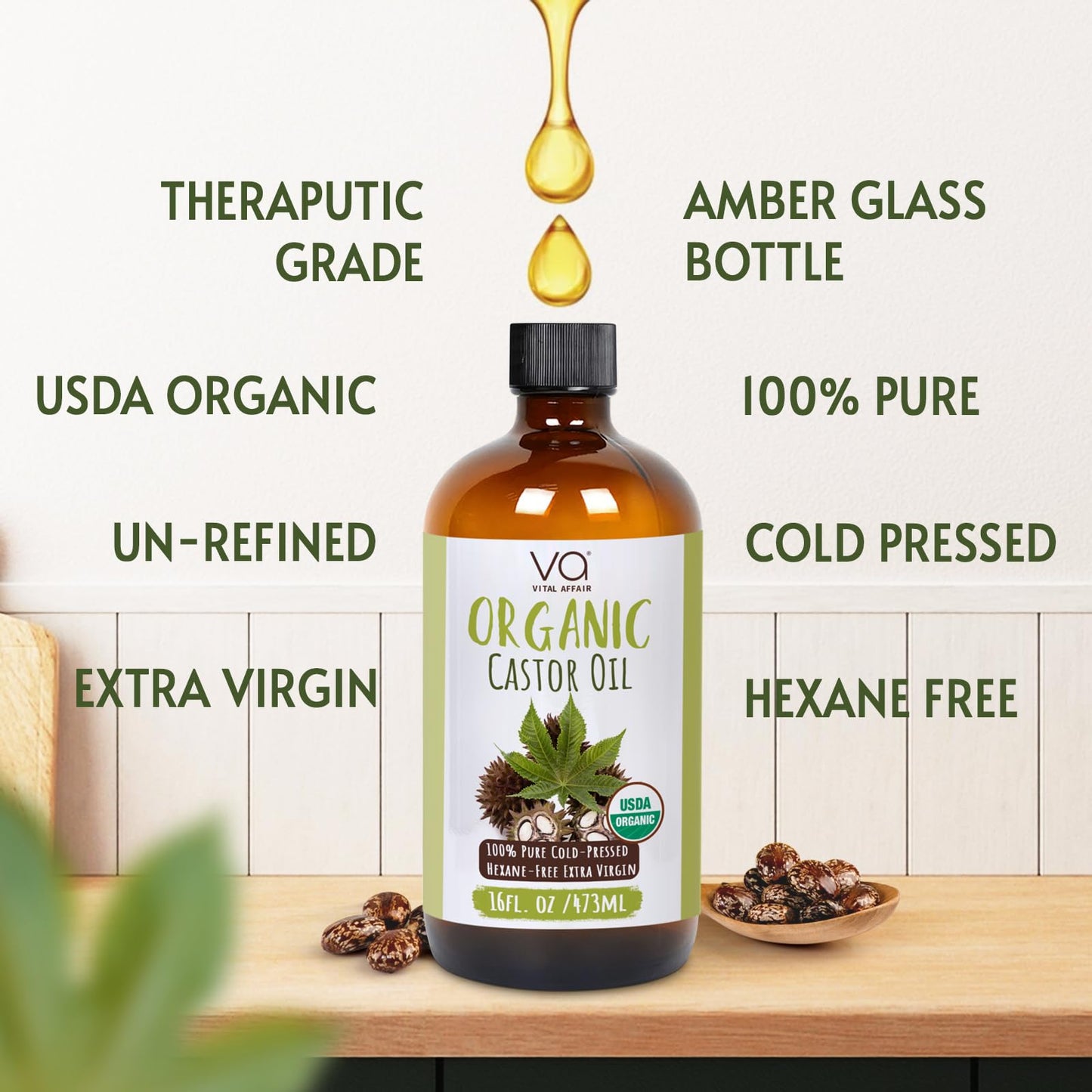 VITAL AFFAIR Pure Castor Oil Organic Cold Pressed Unrefined Glass Bottle-USDA Certified for Castor Oil Pack Wrap for Face,Hair