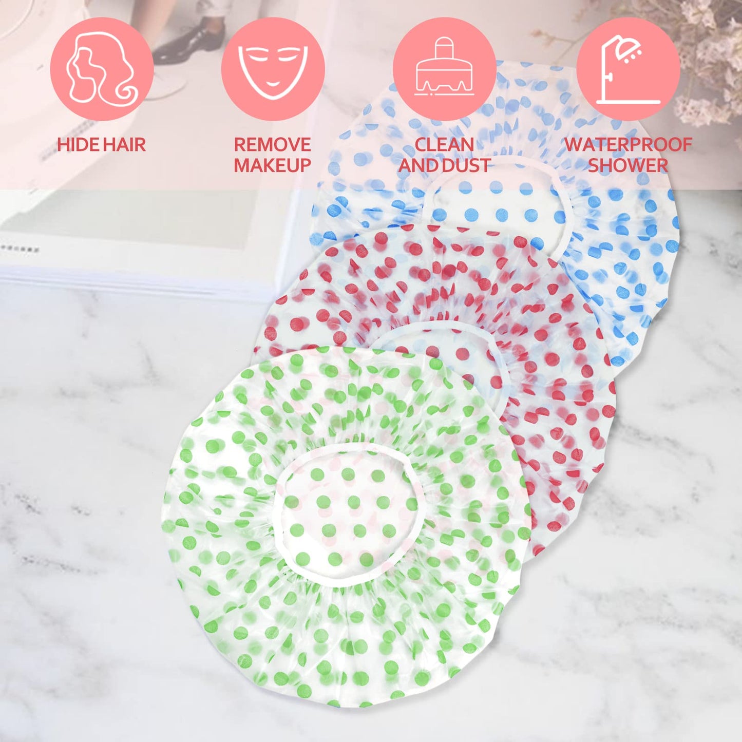 3PCS Shower Caps, Elastic Reusable Waterproof Plastic Shower Cap for Women Ladies Spa Salon (Red+Green+Blue) Beauty and Personal Care Fouews