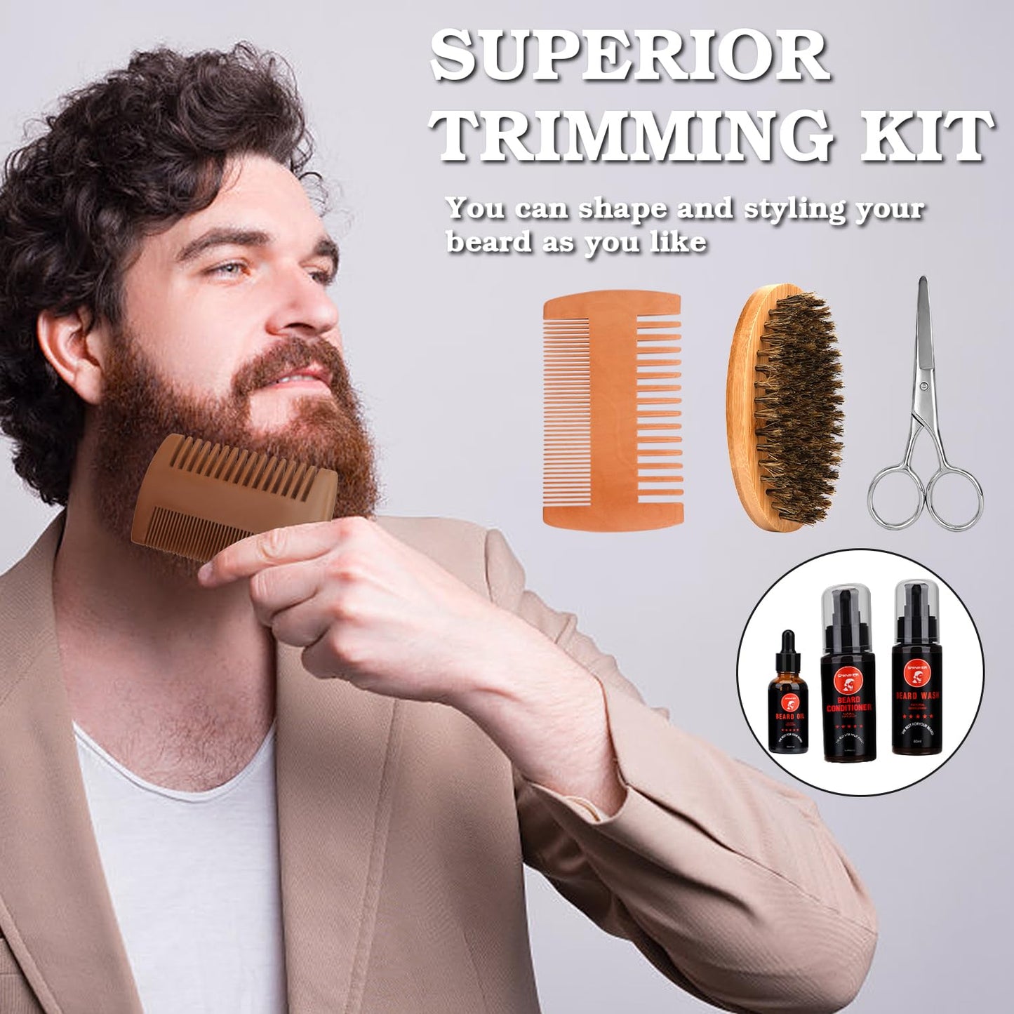 SMINIKER Beard Grooming Kit, Beard Oil, Beard Balm, Beard Shampoo, Beard Conditioner, Beard Brush, Beard Comb and Beard Mustache Scissors Beard Care