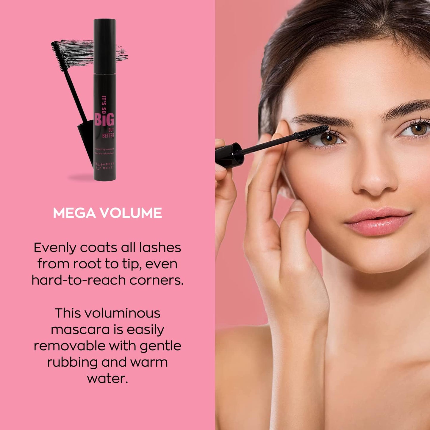 Elizabeth Mott Black Volumizing Mascara - Smudge-Proof, Lengthening Fiber Formula, Hourglass Wand - Clump-Free, Water-Resistant & Cruelty-Free - Safe