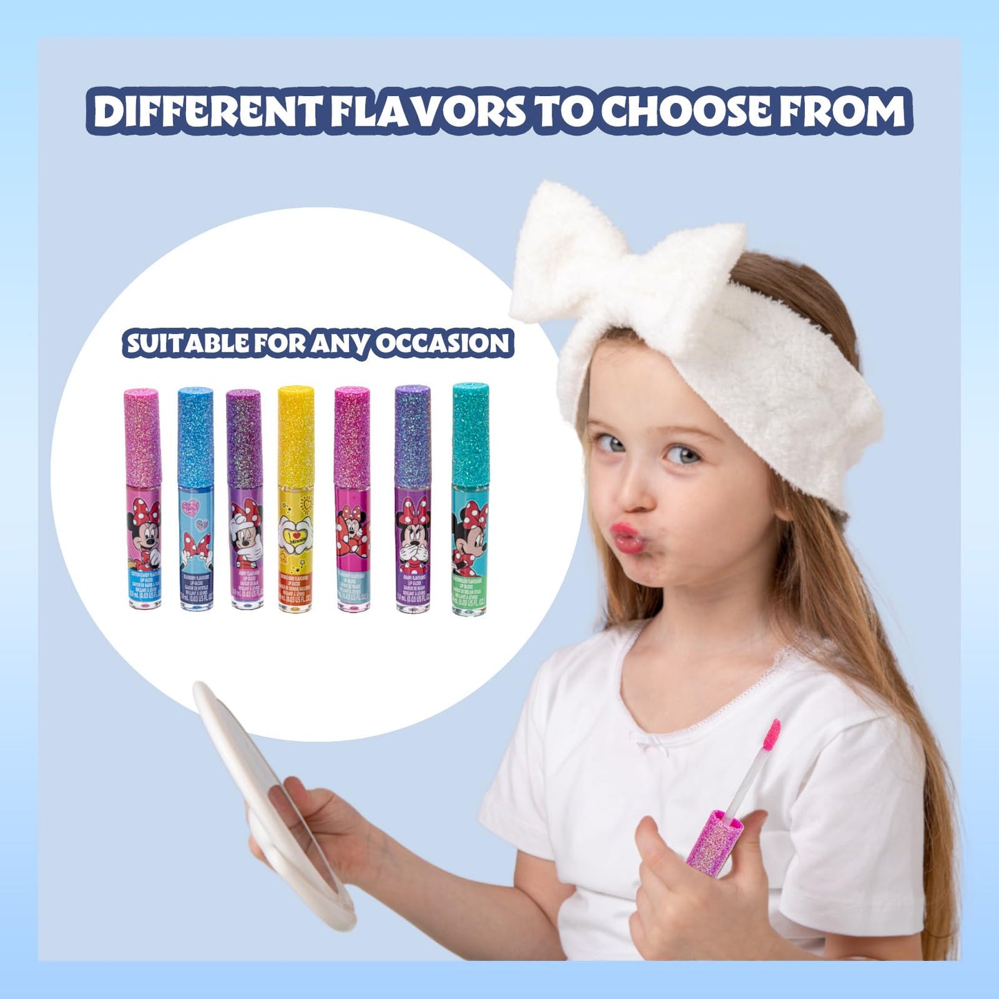 Disney Minnie Mouse 7 Piece Plant Based Lip Gloss, Girls Party Favors, First Makeup Set for Girl, Perfect for Parties, Sleepovers, and Birthday Gifts,