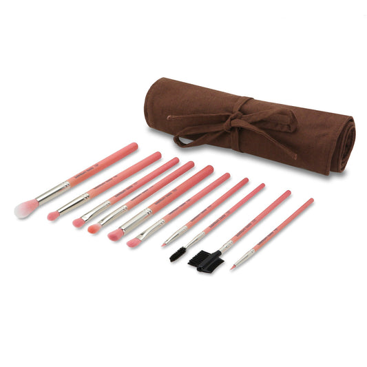 Bdellium Tools Professional Makeup Brush Pink Bambu Series - Eyes Only 10pc. Brush Set with Roll-Up Pouch