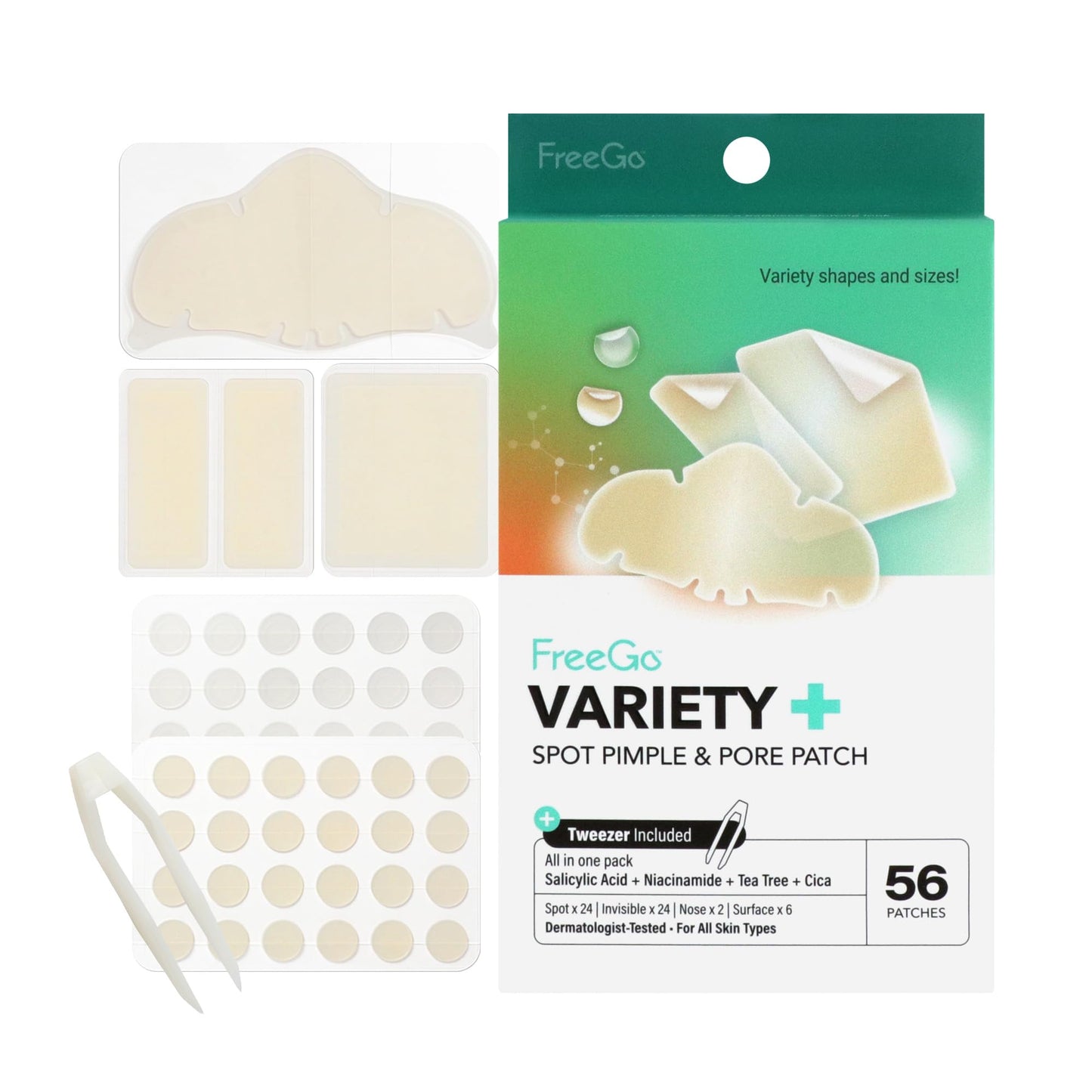 FreeGo Variety+ Hydrocolloid Spot Pimple & Pore Patches for Face, Large Patches for Breakouts, Zit, Blemish Spot, Facial Stickers, Korean Pimple