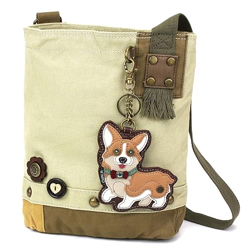 CHALA Womens' Canvas Patch Crossbody Handbag with Keyfob- Sand (Corgi- Sand)