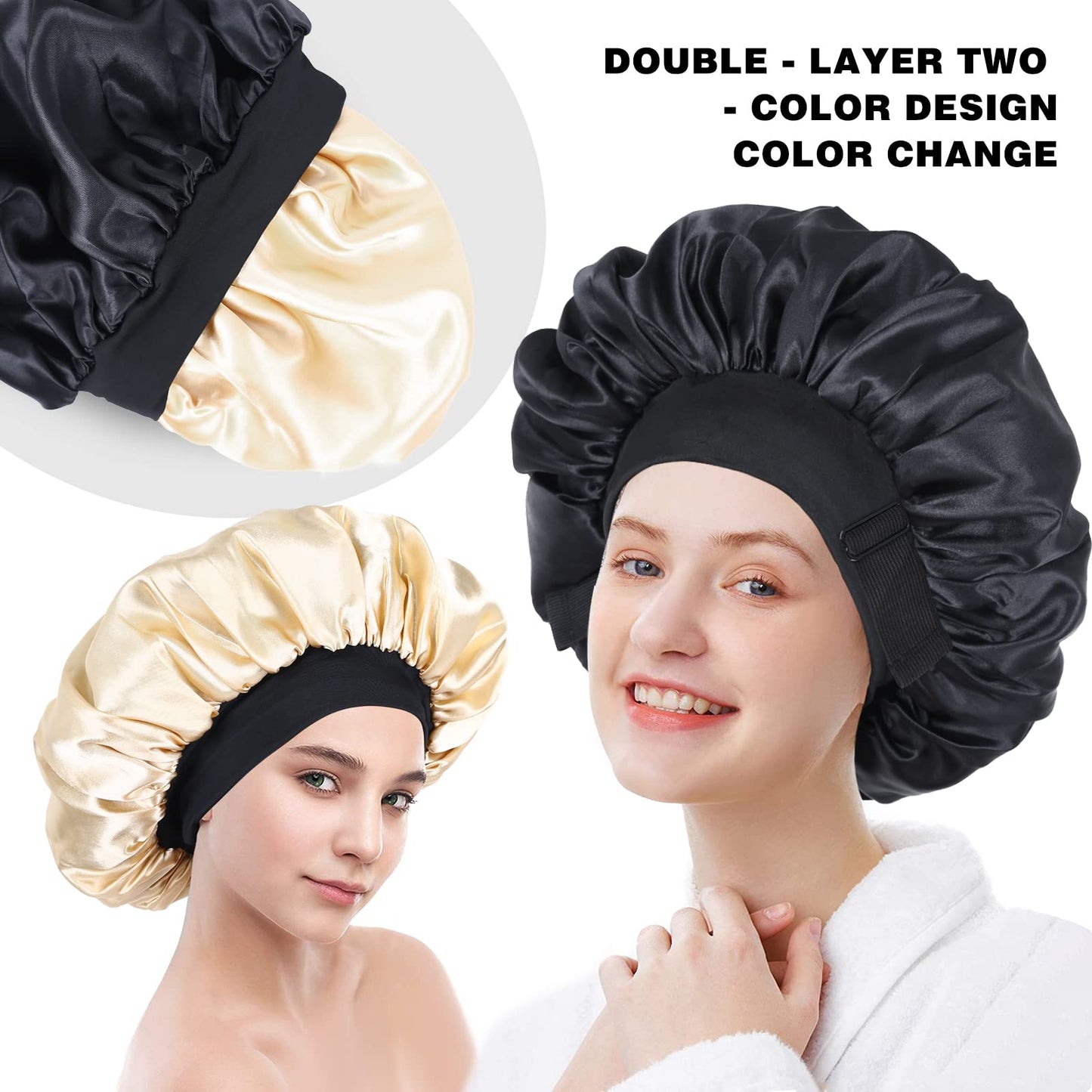 Silk Bonnet for Sleeping Double Layer Satin Bonnet Adjustable Bonnets for Black Women Sleep Cap Reversible Hair Bonnet for Curly Hair Hats(Black) Beauty and Personal Care XRACEPHOL