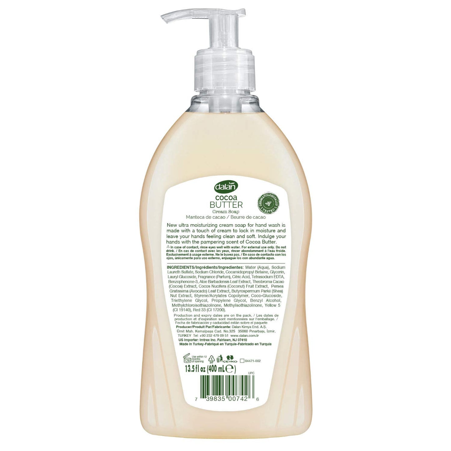 Dalan Cocoa Butter Cream Ultra Moisturizing Liquid Hand Soap for Dry and Fresh Hands Feeling Clean and Soft (13.5 Fl Oz / 400 mL (Pack of 6))