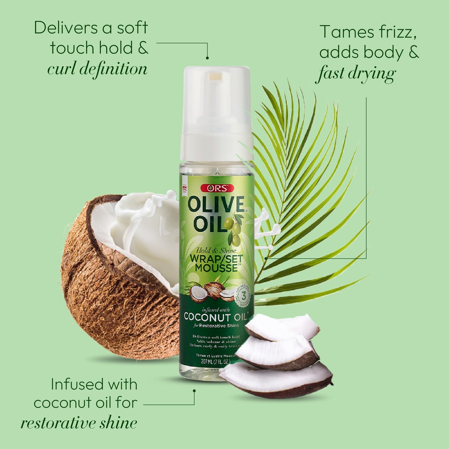 ORS Olive Oil Hold & Shine Wrap Set Mousse Infused with Coconut Oil for Restorative Shine 7 Ounce (Pack of 2)