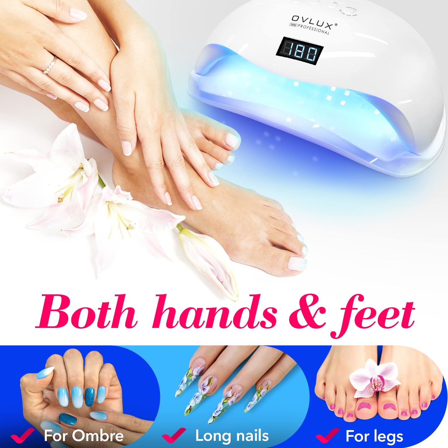 OVLUX 180W Professional UV LED Nail Lamp – Fast Gel Nail Dryer with 57 LEDs, Auto Sensor, LCD Display & 4 Timers for Hands & Feet