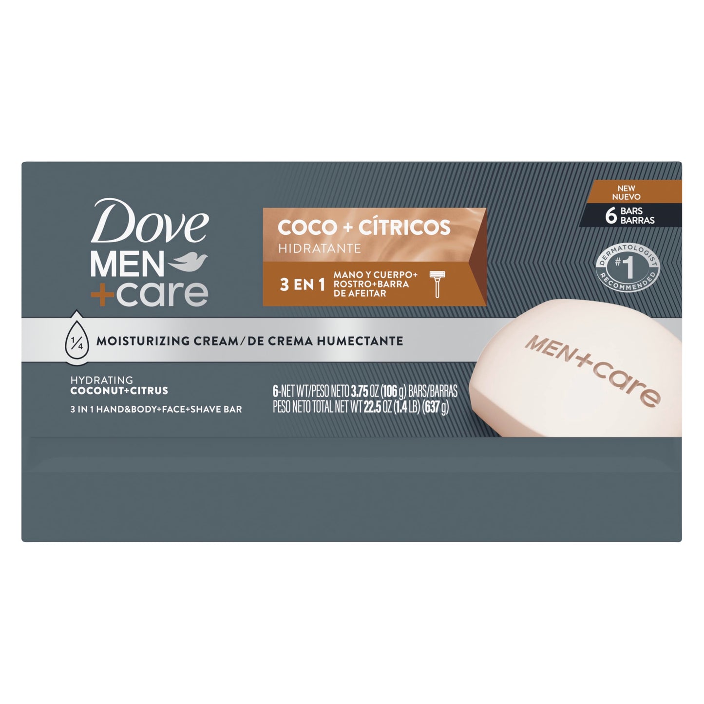 DOVE MEN + CARE Hidratante Coco + Cítricos Hand & Body Face + Shave Bar 6 Count for Hydrated Skin 3.75 oz