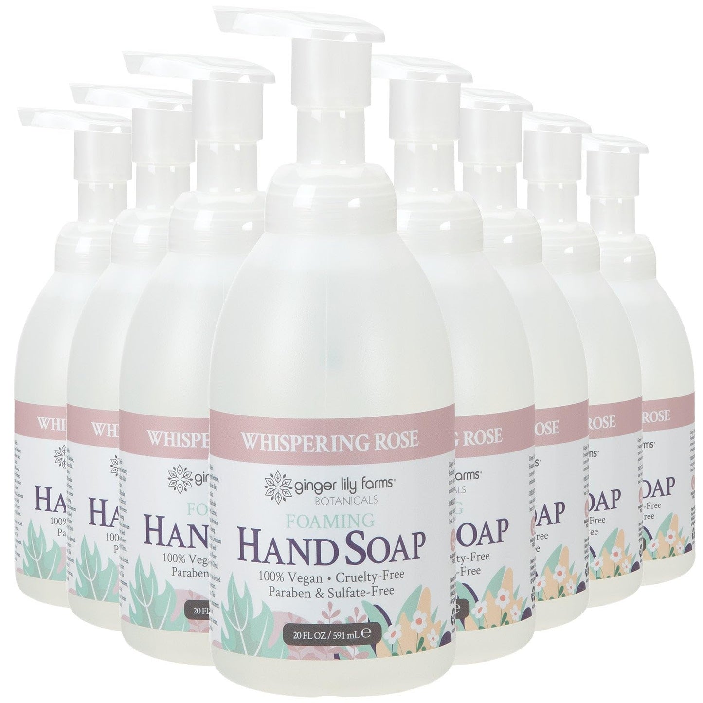 Ginger Lily Farms Botanicals All-Purpose Foaming Hand Soap Refill, 100% Vegan & Cruelty-Free, Whispering Rose Scent, 20 Fl Oz (Pack of 8)