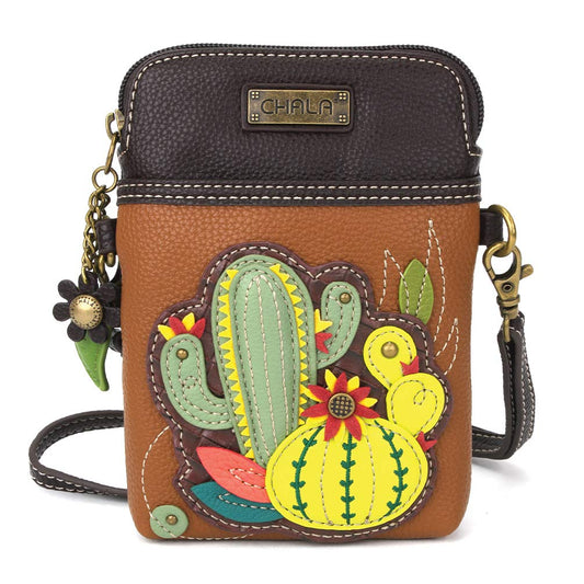 CHALA Plant Life Collection Cell Phone Crossbody Purse-Women PU Leather/Canvas Multicolor Handbag with Adjustable Strap - Cactus - brown