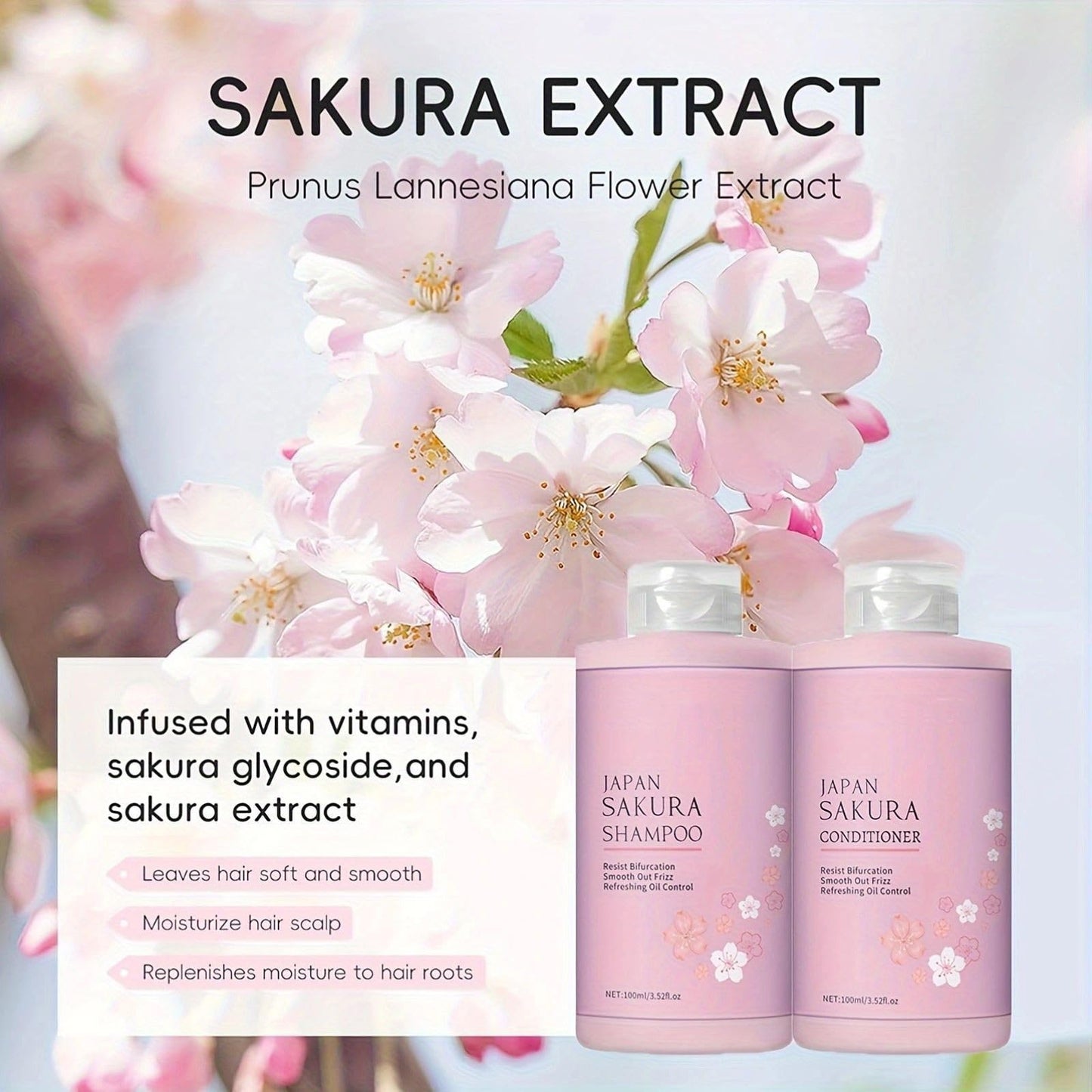 Sakura Shampoo and Conditioner Set, Hair Shampoo and Conditioner for Women, Long Lasting Sakura Scent, Hair Care, Deep Hydration, Frizz Control