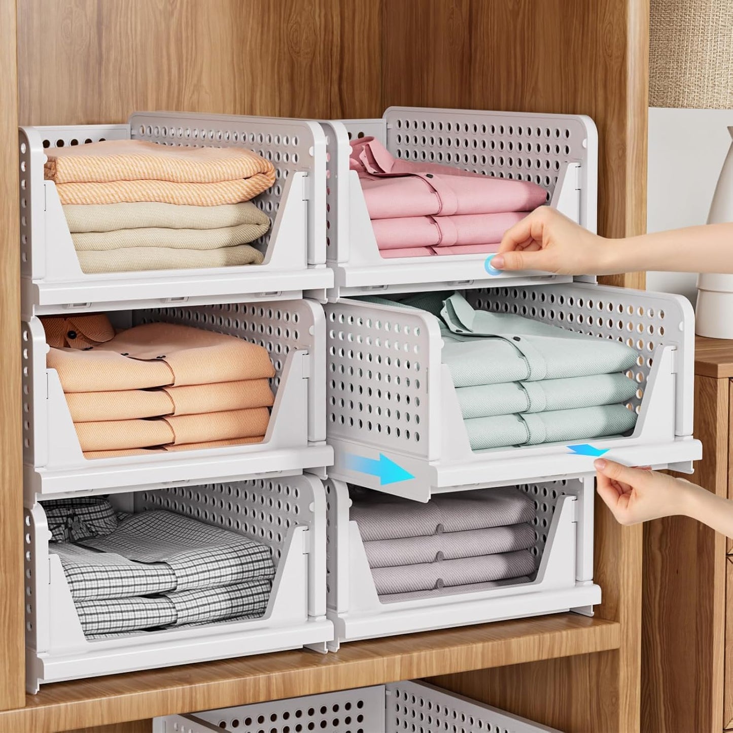 SNSLXH 5-Pack Stackable Storage Baskets – Foldable Closet Organizer for Bathroom, Kitchen, Laundry & Wardrobe – White, Space-Saving