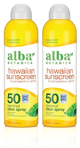 Alba Botanica Sunscreen Spray for Face and Body, Broad Spectrum SPF 50 Sunscreen, Hawaiian Coconut, Water Resistant and Biodegradable, 6 fl. oz