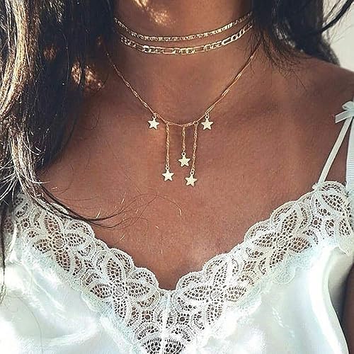 DoubleNine Star Pendant Layering Necklaces Tassels Charm 2 Way Choker Gold Sequins Chic Dainty Jewelry Accessories for Bridesmaid Women Girl set of 2