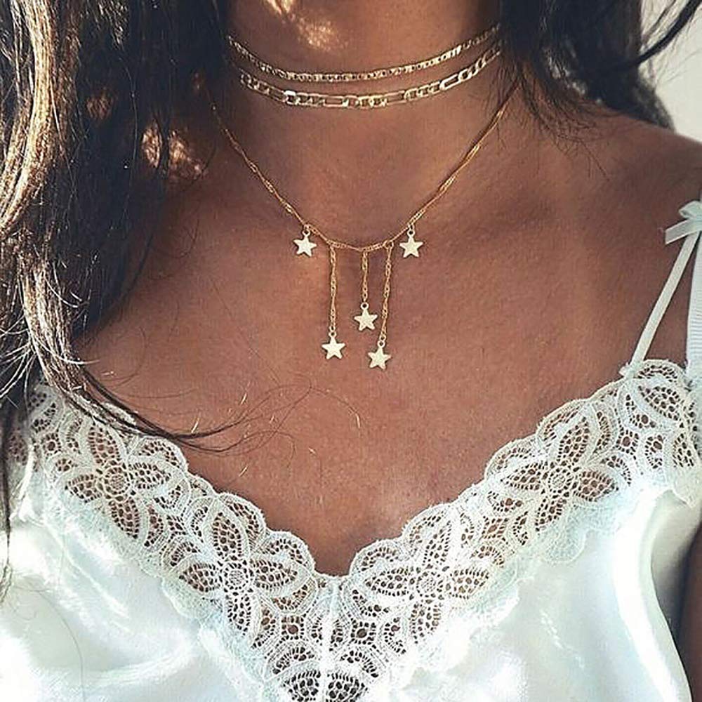 DoubleNine Star Pendant Layering Necklaces Tassels Charm 2 Way Choker Gold Sequins Chic Dainty Jewelry Accessories for Bridesmaid Women Girl set of 2