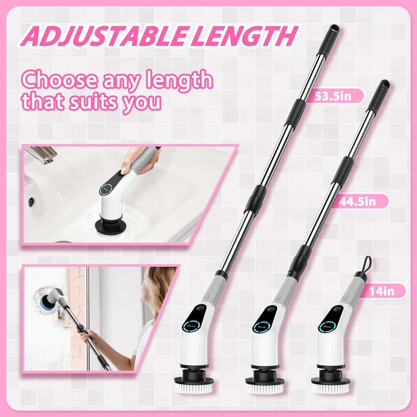 Dovety Electric Spin Scrubber – Cordless Cleaning Brush with 8 Heads, 2 Speeds & Extension Handle for Tile, Grout, Bathtub, Floor