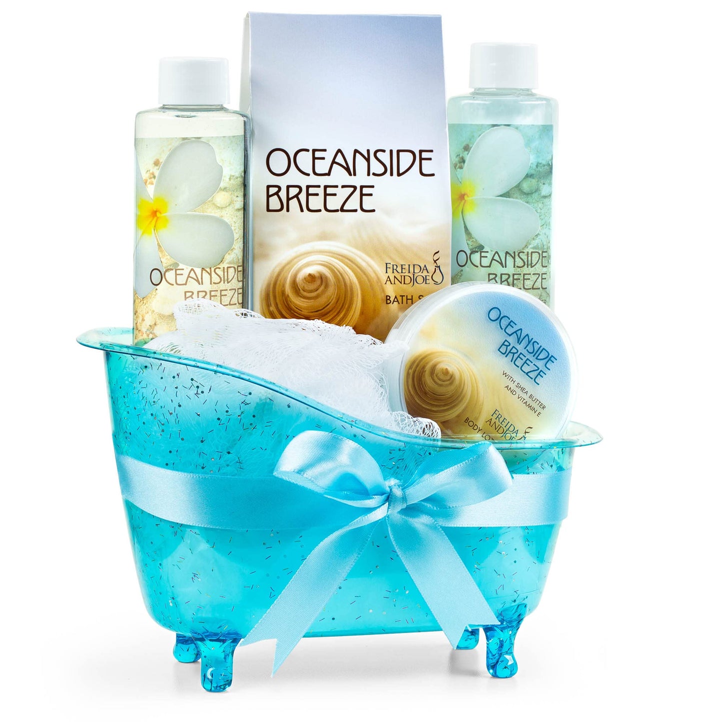 Home Spa Bath Basket Fresh Aquatic Oceanside Breeze Spa Set For Women Bath & Body Set For Women Shower Gel, Bubble Bath, Body Lotion, etc Puff in Blue