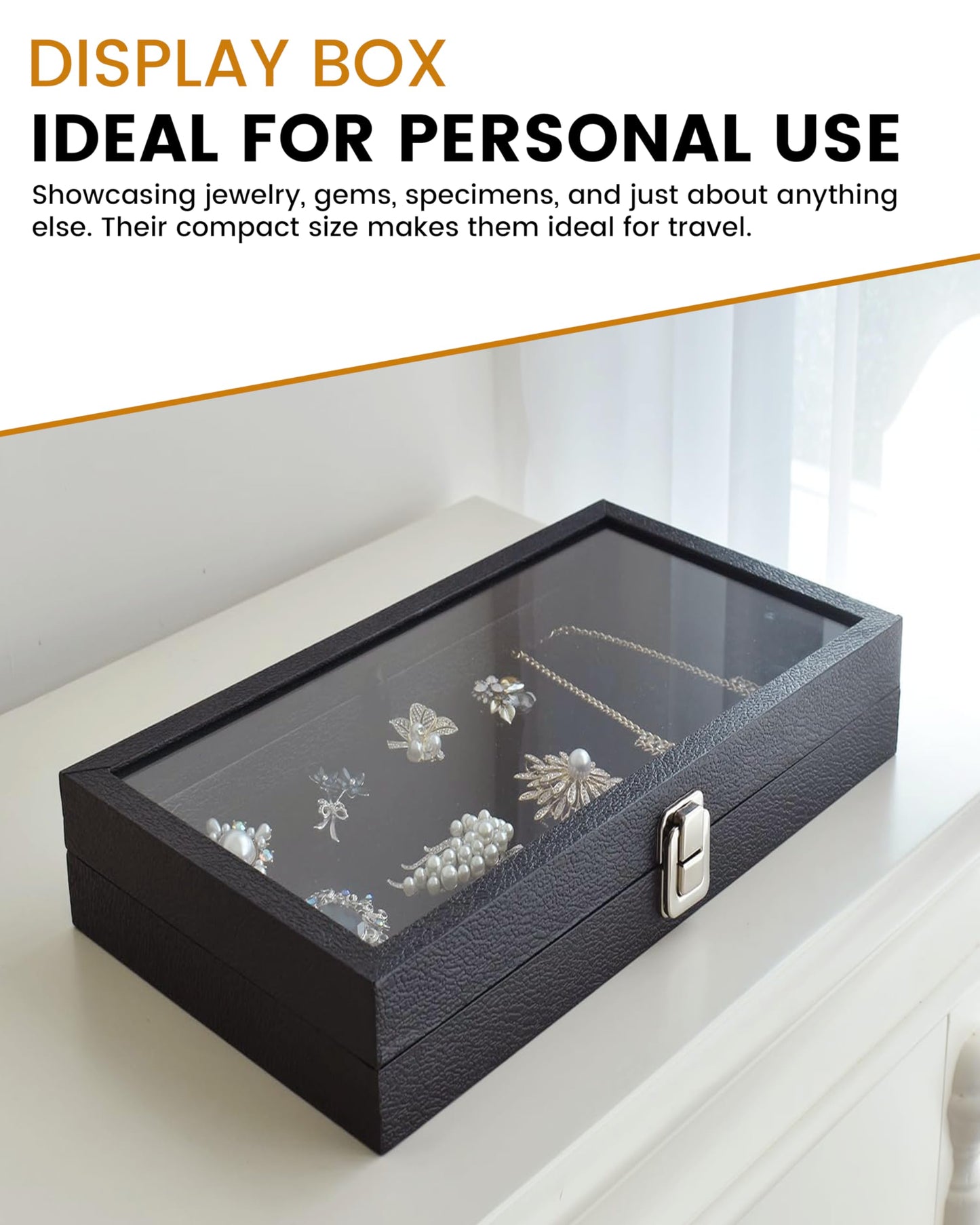 Novel Box Jewelry Organizer Box Black Leatherette 14.75x8.25x2.1 Large Glass Jewelry Box with Lid with Metal Clasp - Gem Display Case - Jewelry…
