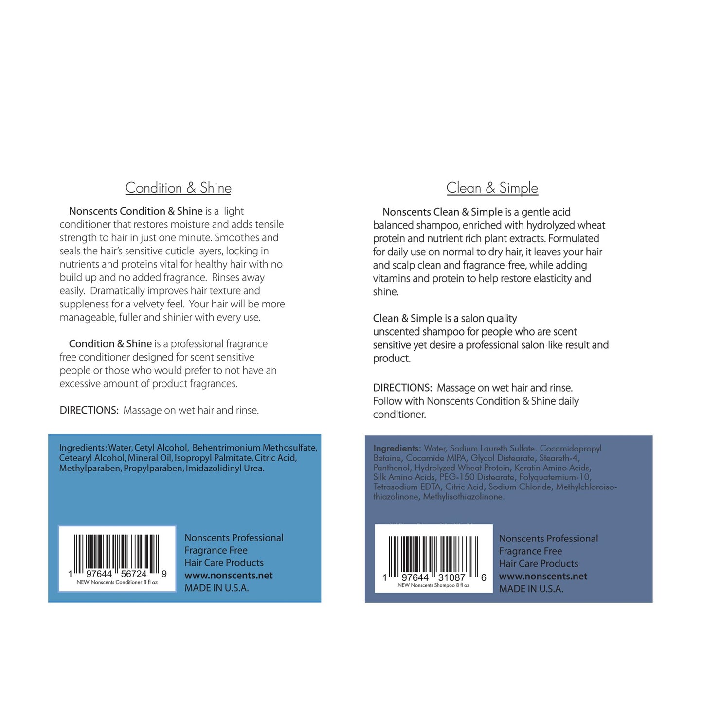 Nonscents - Fragrance Free Shampoo and Conditioner Set - Organic Formula - Hydrating Shampoo for Dry Hair, Moisturizing and Unscented Shampoo