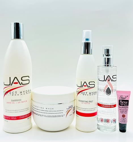 JAS Perfect Hydra Anti-breakage Shampoo & Conditioner 16 oz, Hydrating Mist 8 oz & Serum 5 fl oz with Linseed Oil + Soy Protein "Free Starry Sexy Kiss