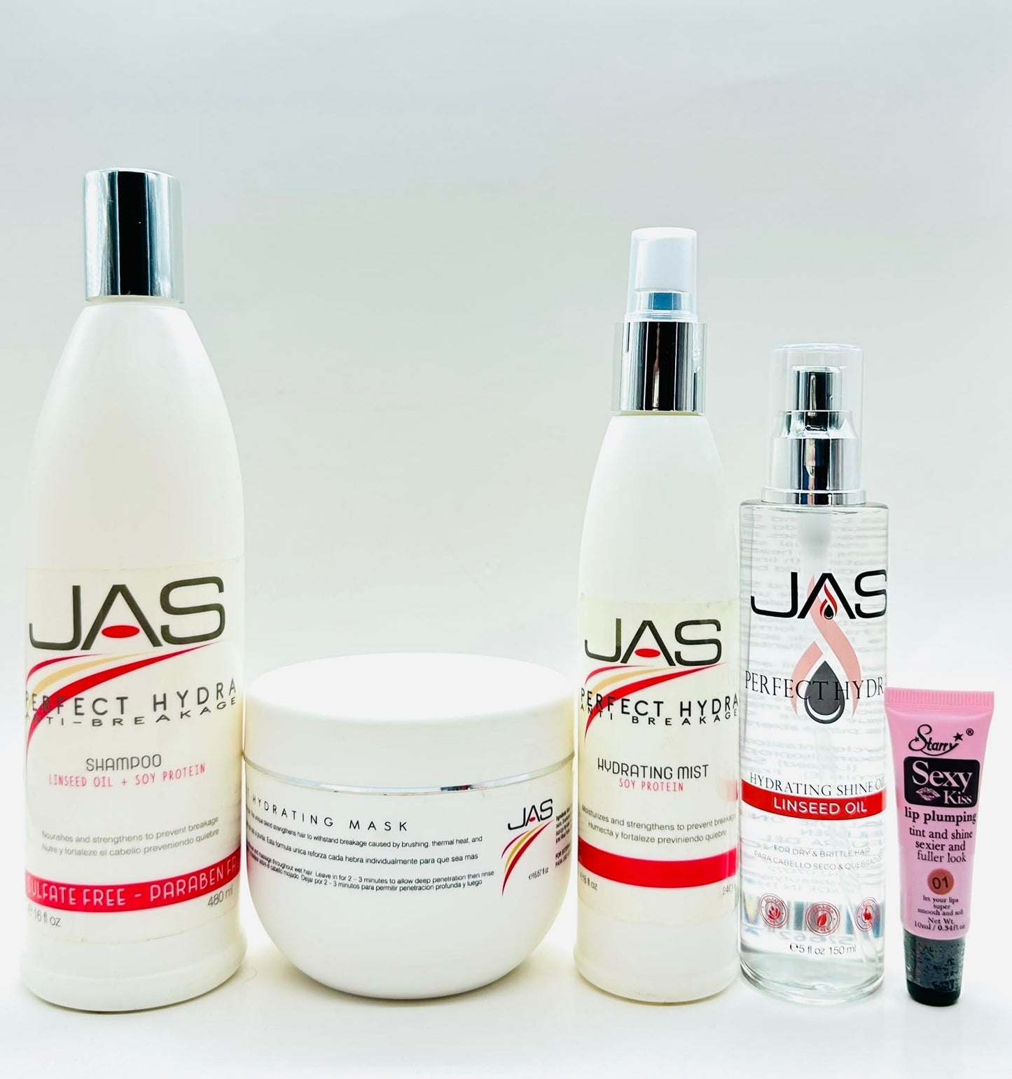 JAS Perfect Hydra Anti-breakage Shampoo & Conditioner 16 oz, Hydrating Mist 8 oz & Serum 5 fl oz with Linseed Oil + Soy Protein "Free Starry Sexy Kiss