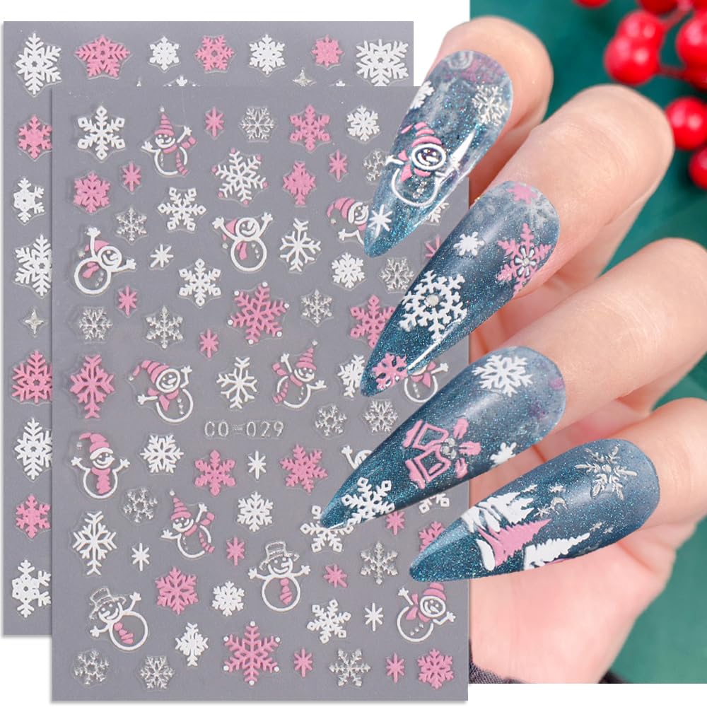Christmas Nail Art Stickers, 8Sheets 5D Embossed Snowflake Nail Decals Pink White Snowflake Bell Elk Snowmen Xmas Tree Winter Nail Design DIY