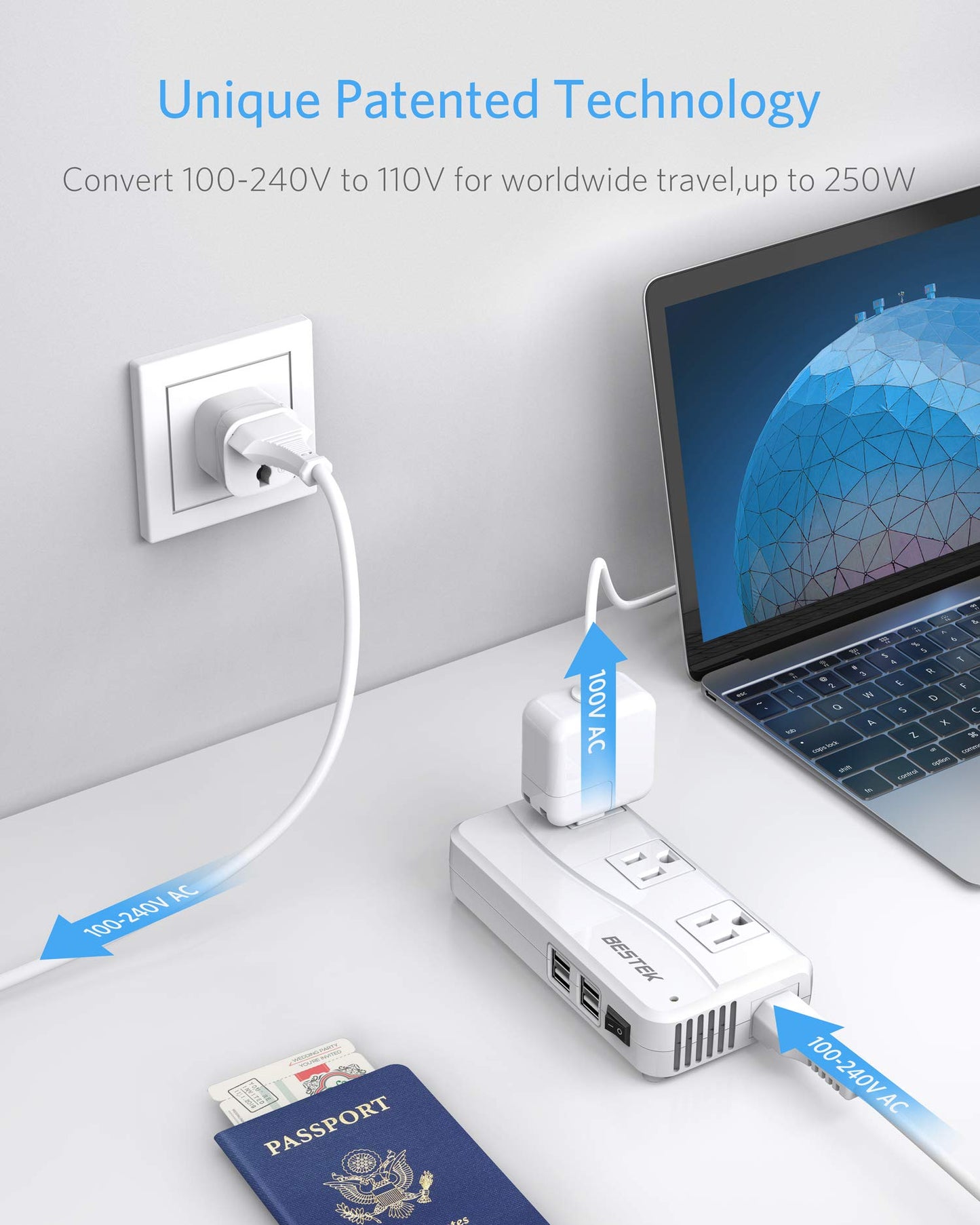 BESTEK 250W International Power Adapter – 220V to 110V Step Down Voltage Converter with 4 USB Ports & US/EU/UK/AU/India/SA Plugs, White