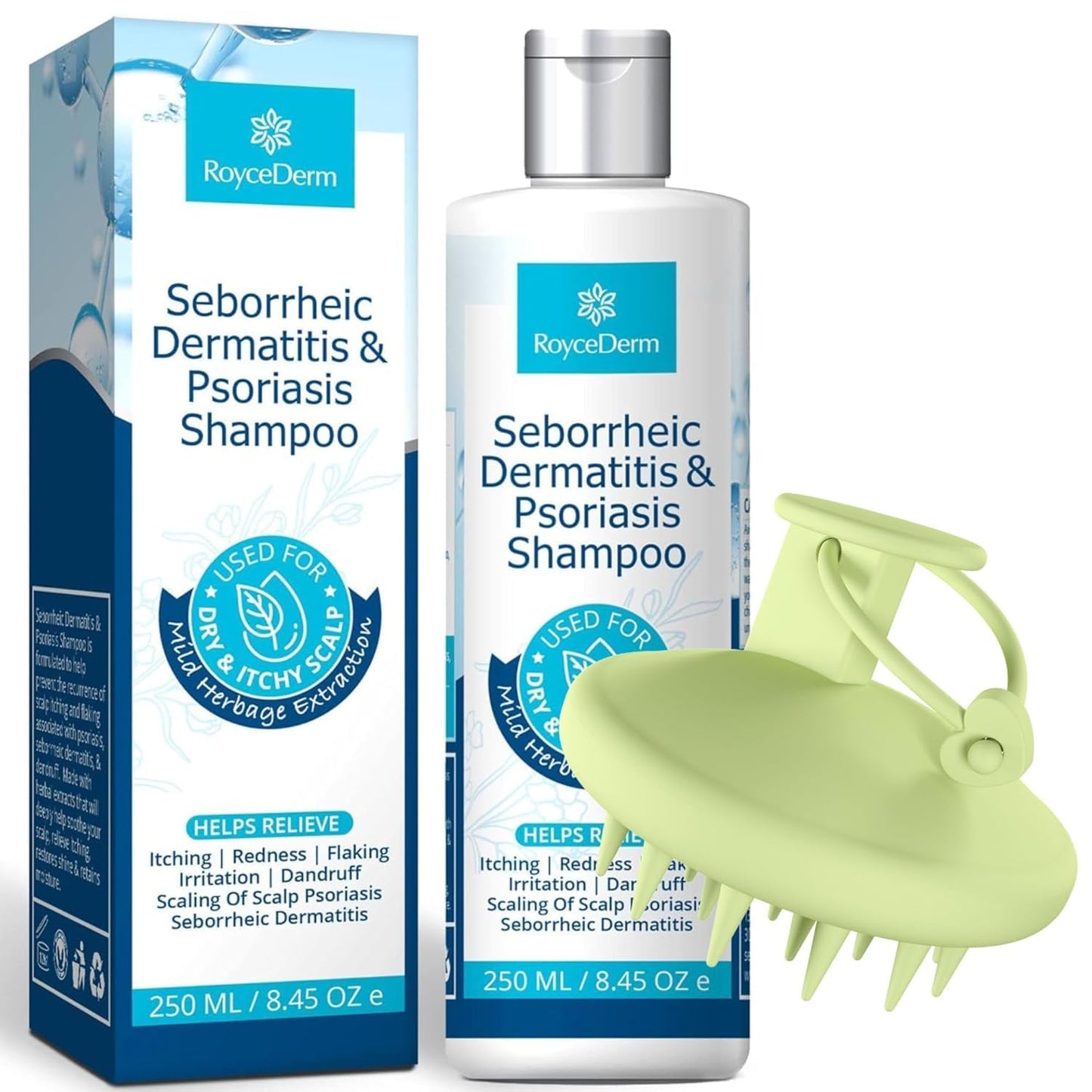Roycederm Seborrheic Dermatitis & Psoriasis Shampoo with Scalp Massager Brush - Scalp Cleansing & Comfort Care Set for Dry, Itchy, Flaky Scalp