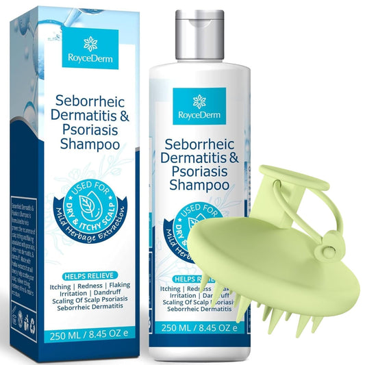 Roycederm Seborrheic Dermatitis & Psoriasis Shampoo with Scalp Massager Brush - Scalp Cleansing & Comfort Care Set for Dry, Itchy, Flaky Scalp