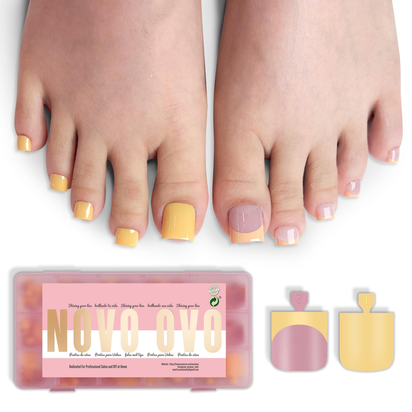 NOVO OVO Butter Yellow French Tip Berry Pink Shade & Pure Color Mix Toe Nail Tips Press on, Sharp Square Pre-Designed Soft Gel Acrylic Long/Medium Beauty and Personal Care NOVO OVO