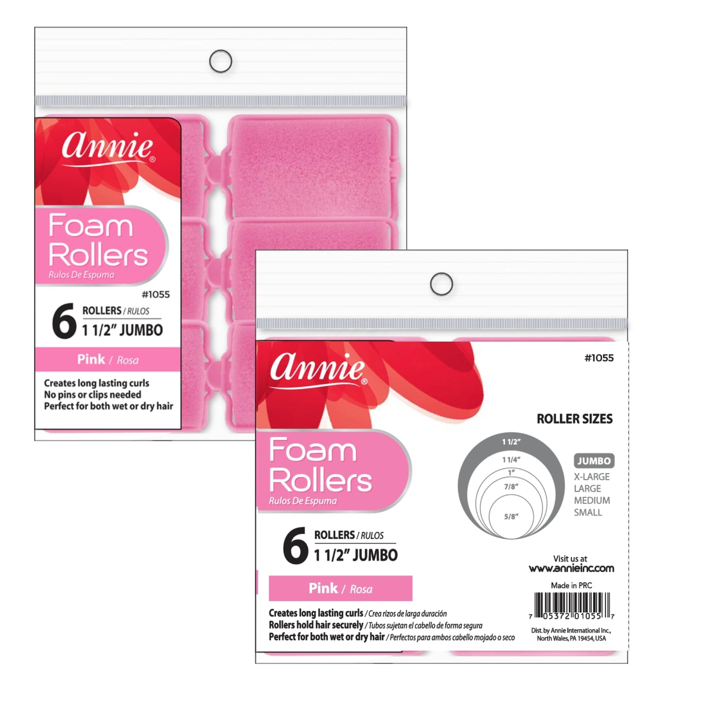 Annie Classic Foam Cushion Rollers #1055, 6 Count Pink Jumbo 1-1/2 Inch