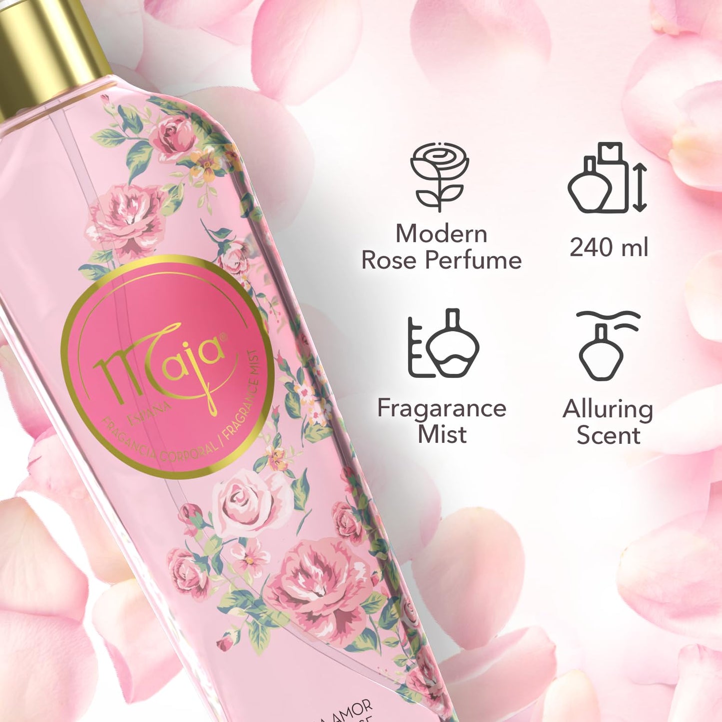 Maja Love Rose Body Spray for Women Light & Refreshing Mist with Rose and Fruity Notes, Long-Lasting Feminine Fragrance, Gentle on Skin, Classic